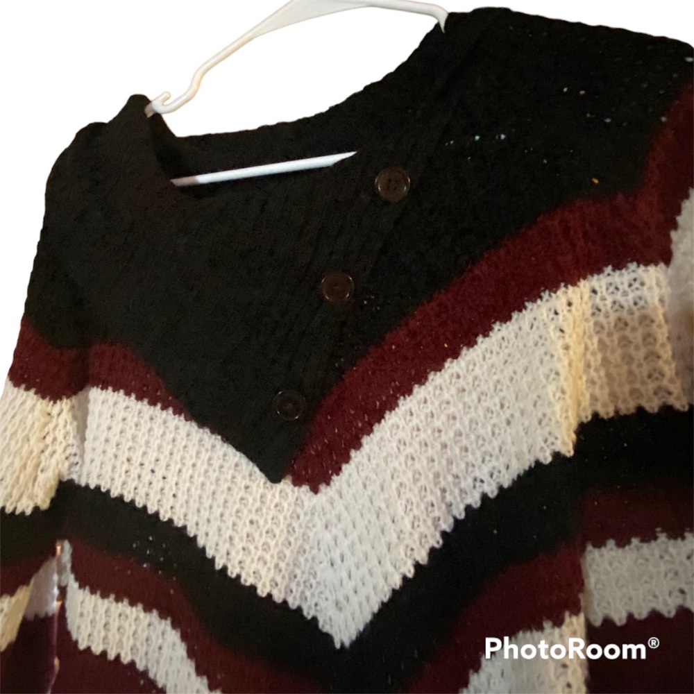 2X Sweater w/ Button Decor - Red, white, maroon striped
